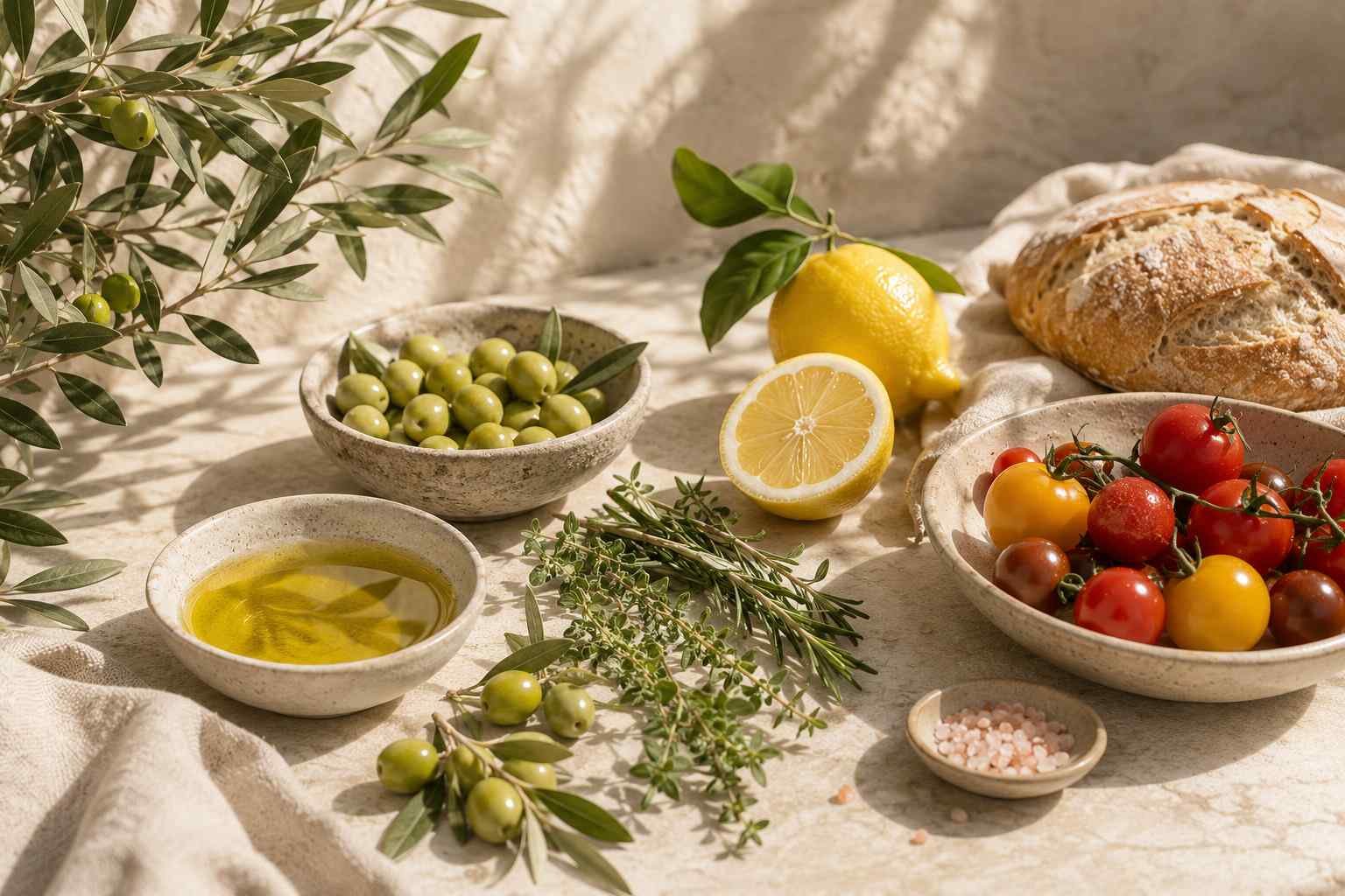 A sunlit Mediterranean table with a bowl of olive oil, green olives, lemon, cherry tomatoes, fresh herbs and crusty bread.